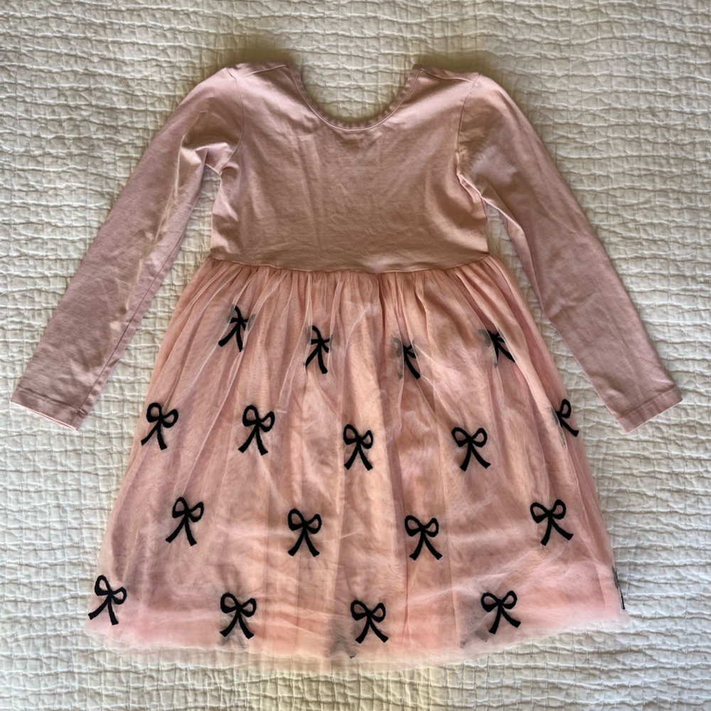 Hanna Andersson Girl’s Pink Long-Sleeve Skater Dress with Black Bow Accents